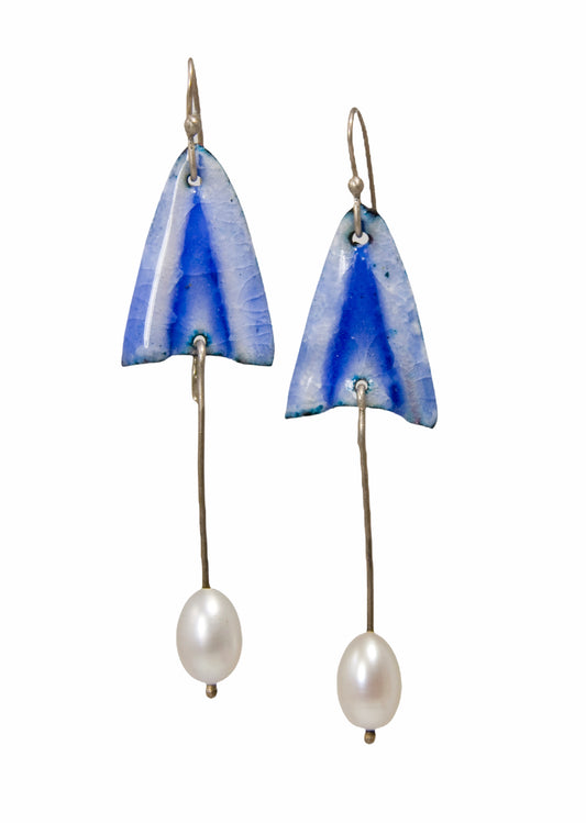 Sterling silver blue enamel 'tulip' earrings with pearl drops