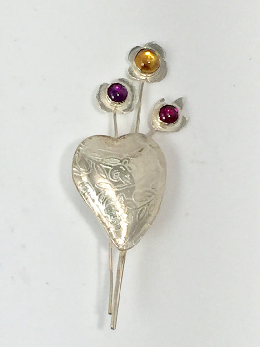 Sterling silver heart pin with gemstones