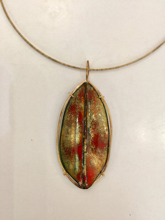 Red and gold enamel leaf pendant in 14K gold filled setting.