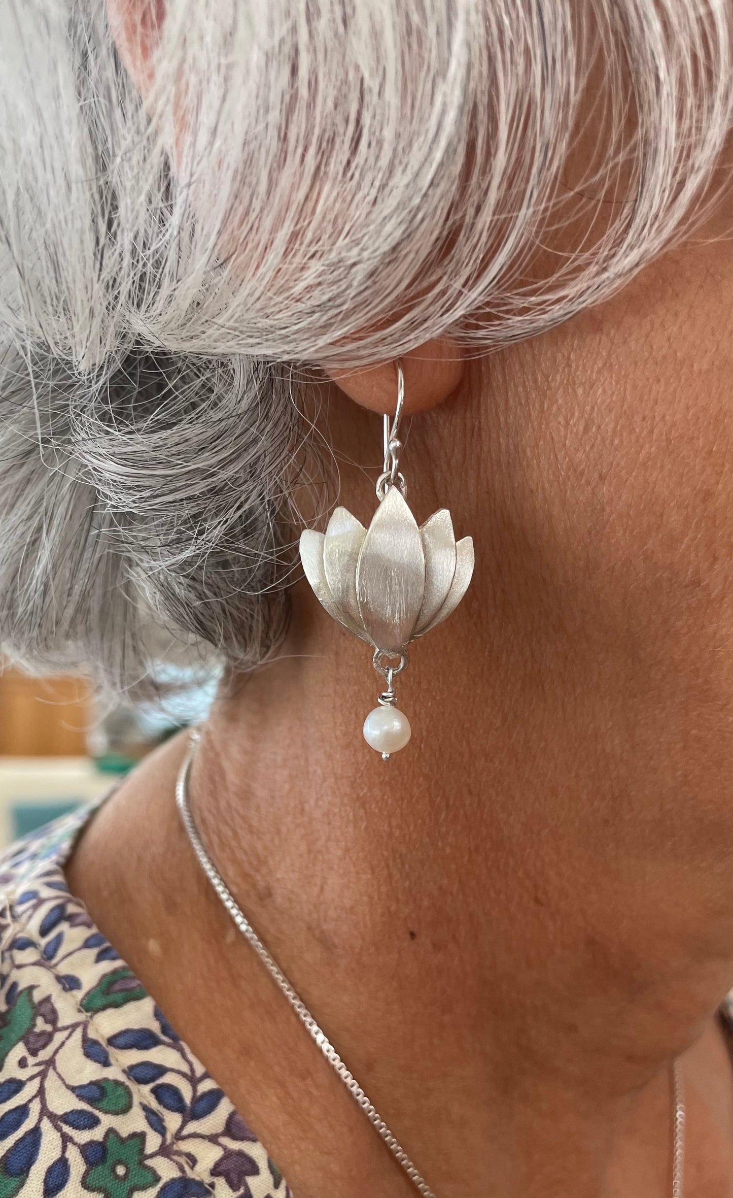Sterling silver lotus blossom earrings with pearl