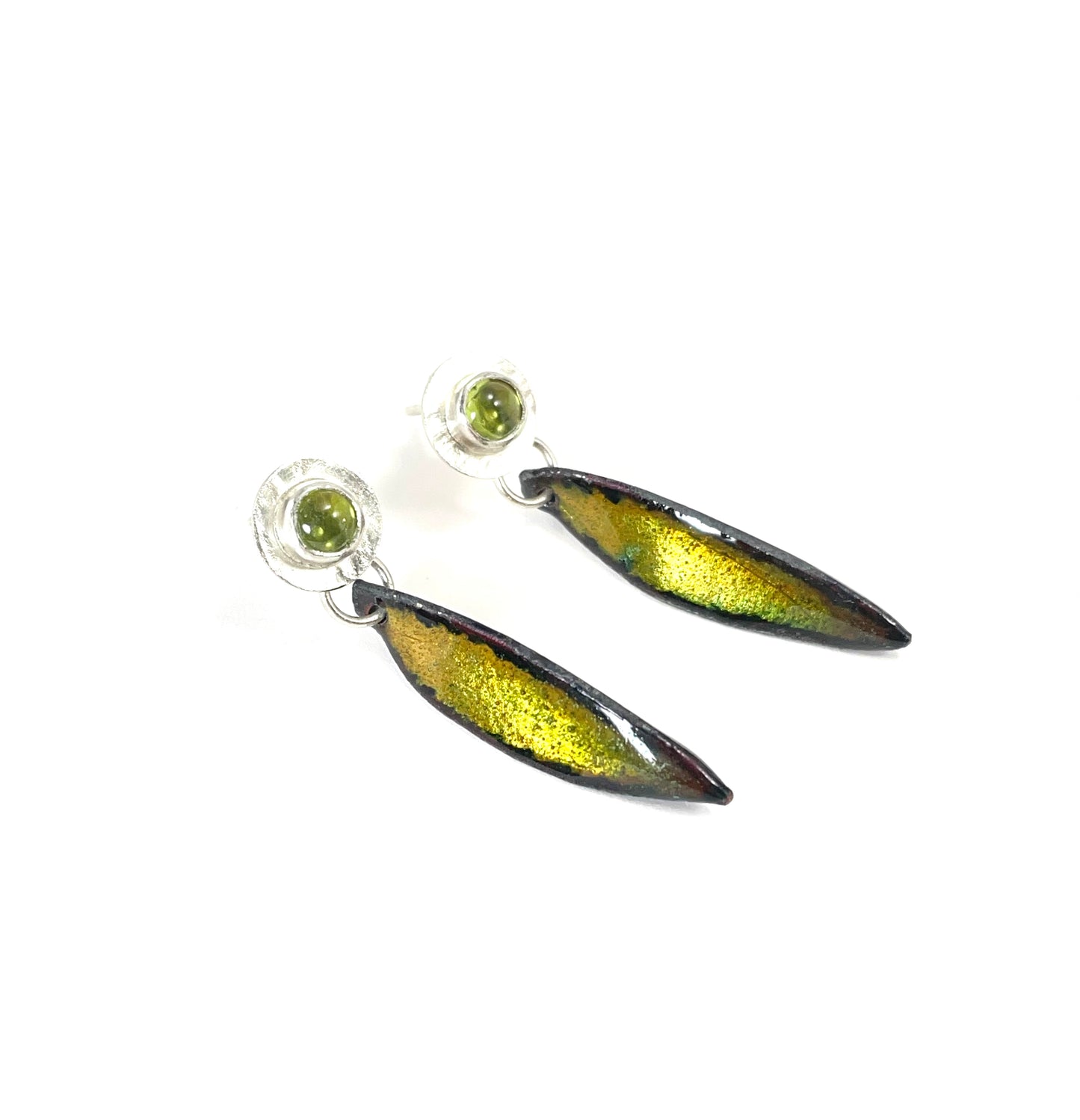 Sterling silver and peridot earrings with green enamel leaf drops