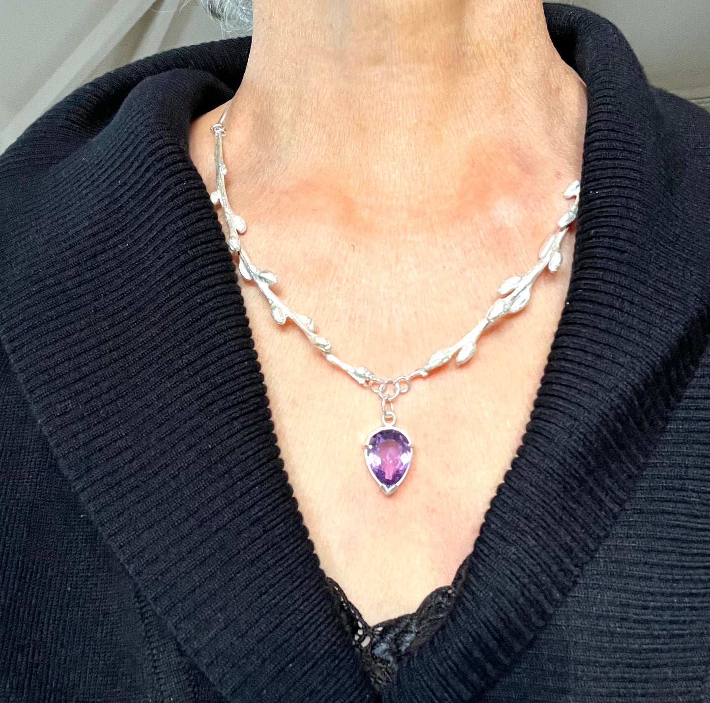 Faceted amethyst drops on sterling silver cast branch