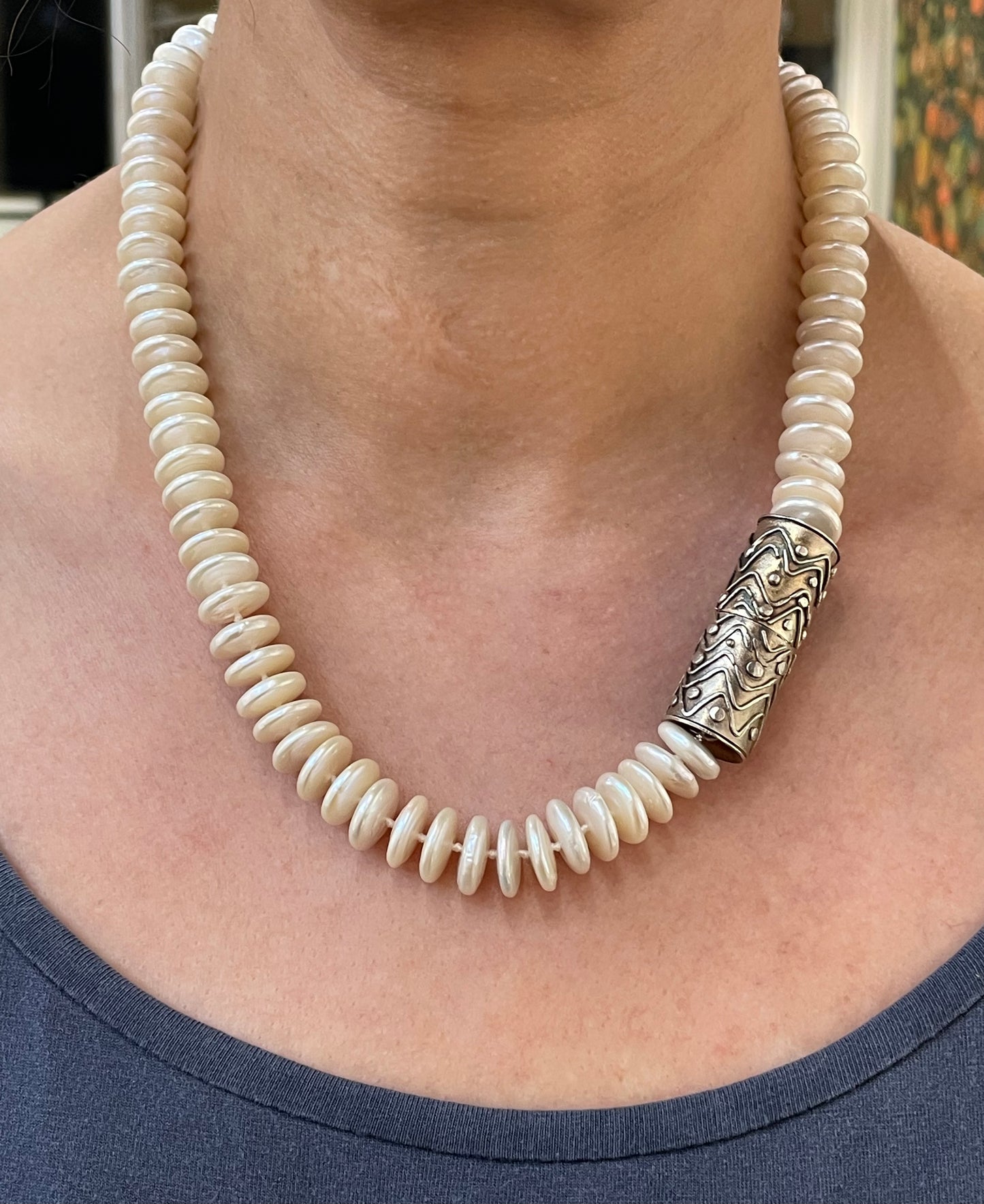 Coin pearl necklace with handmade fine silver clasp