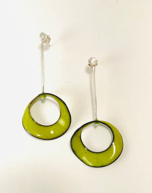 Green enamel and sterling silver mobius earrings