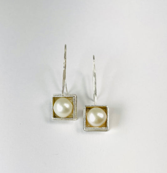 Sterling silver 'pearl in a box' earrings