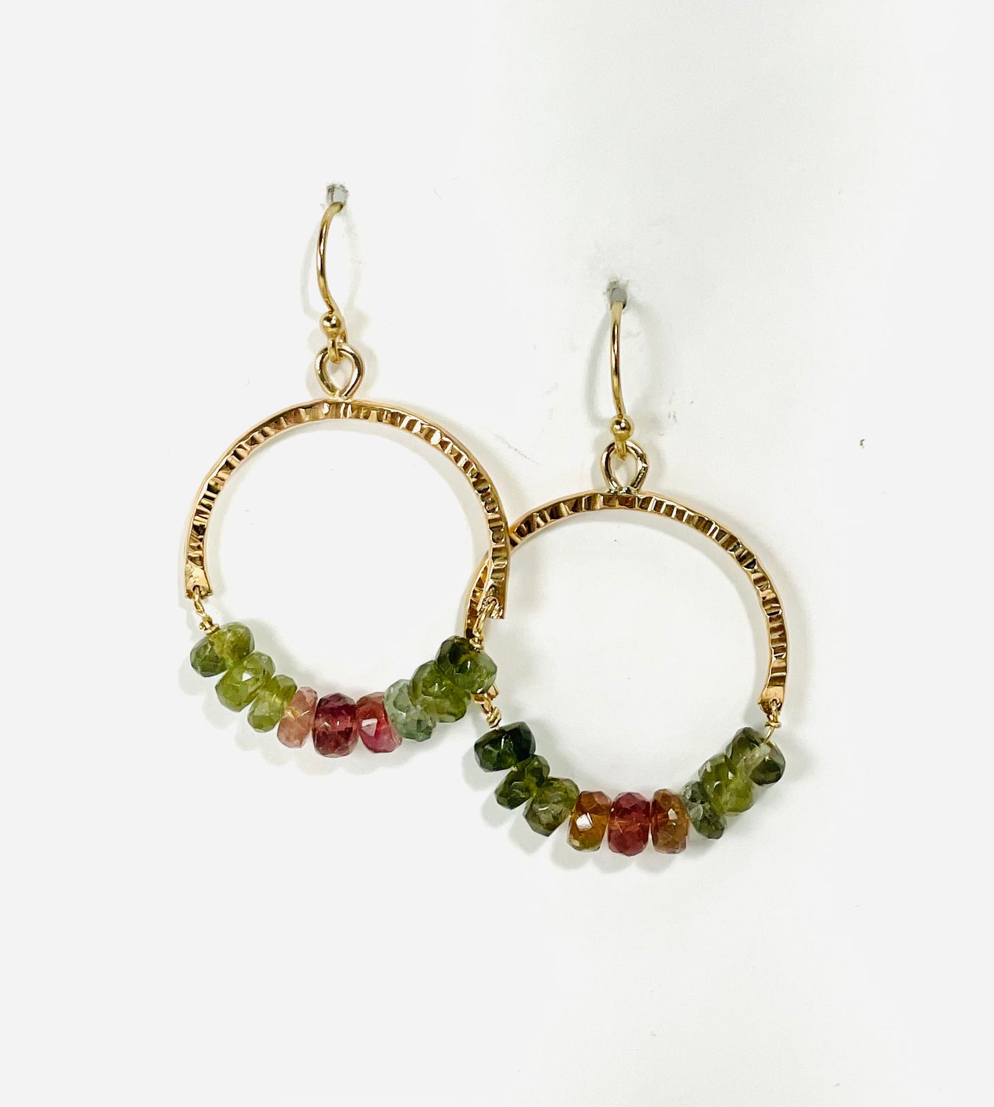 14KGF hoop earrings with faceted tourmalines