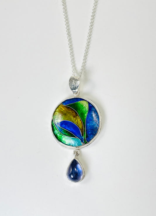 Cloisonne enamel pendant in sterling silver with iolite drop