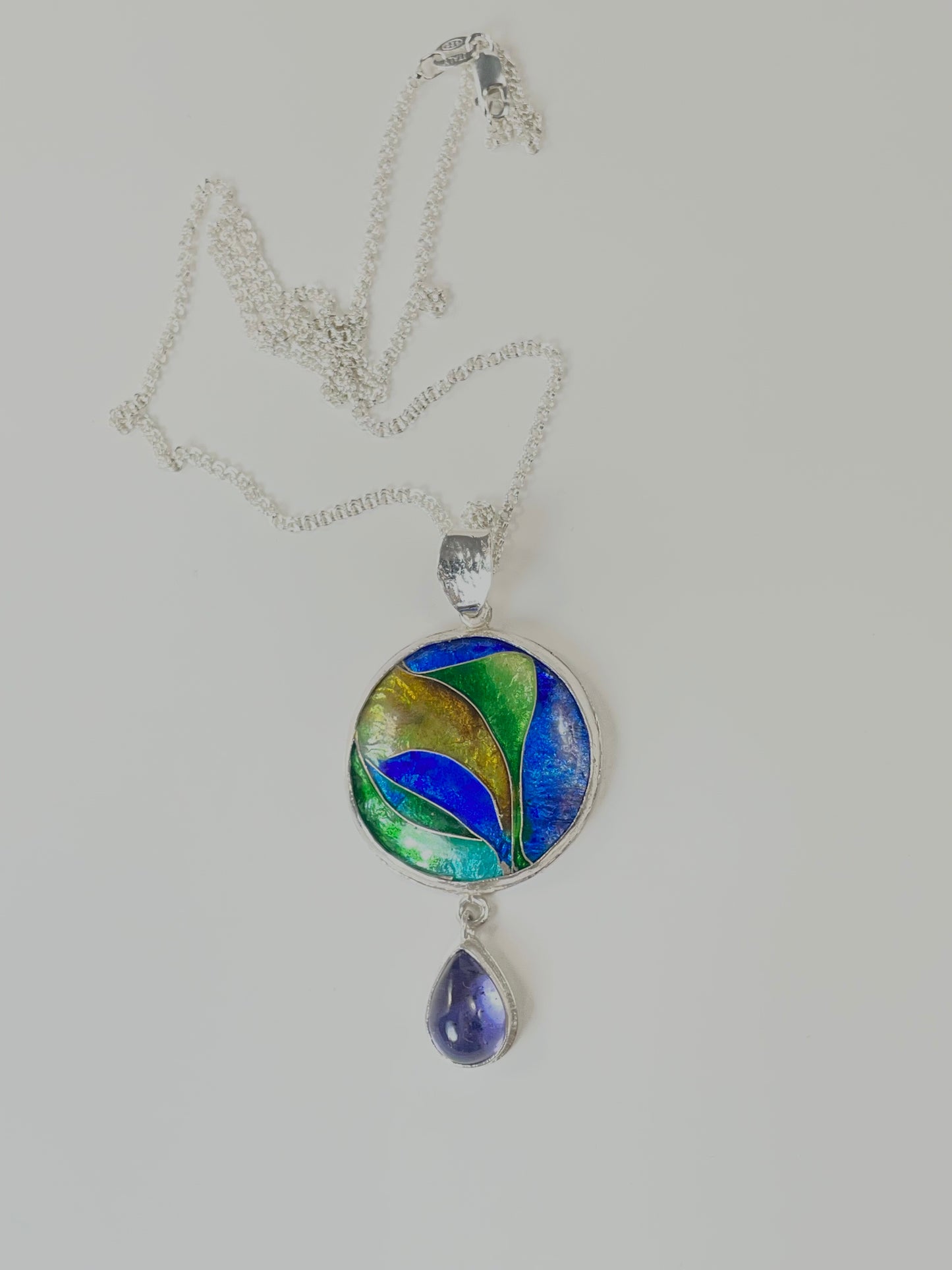 Cloisonne enamel pendant in sterling silver with iolite drop