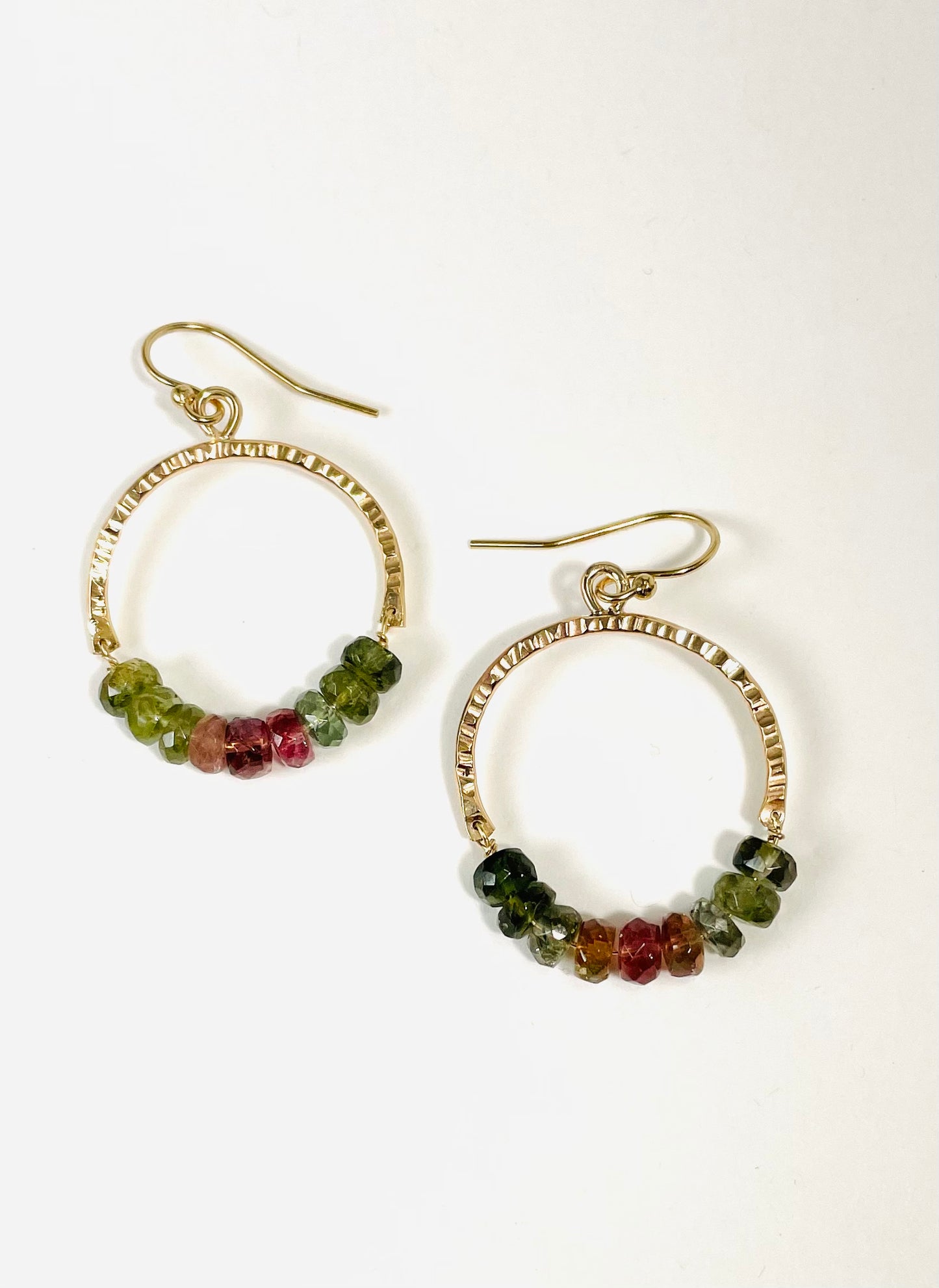 14KGF hoop earrings with faceted tourmalines