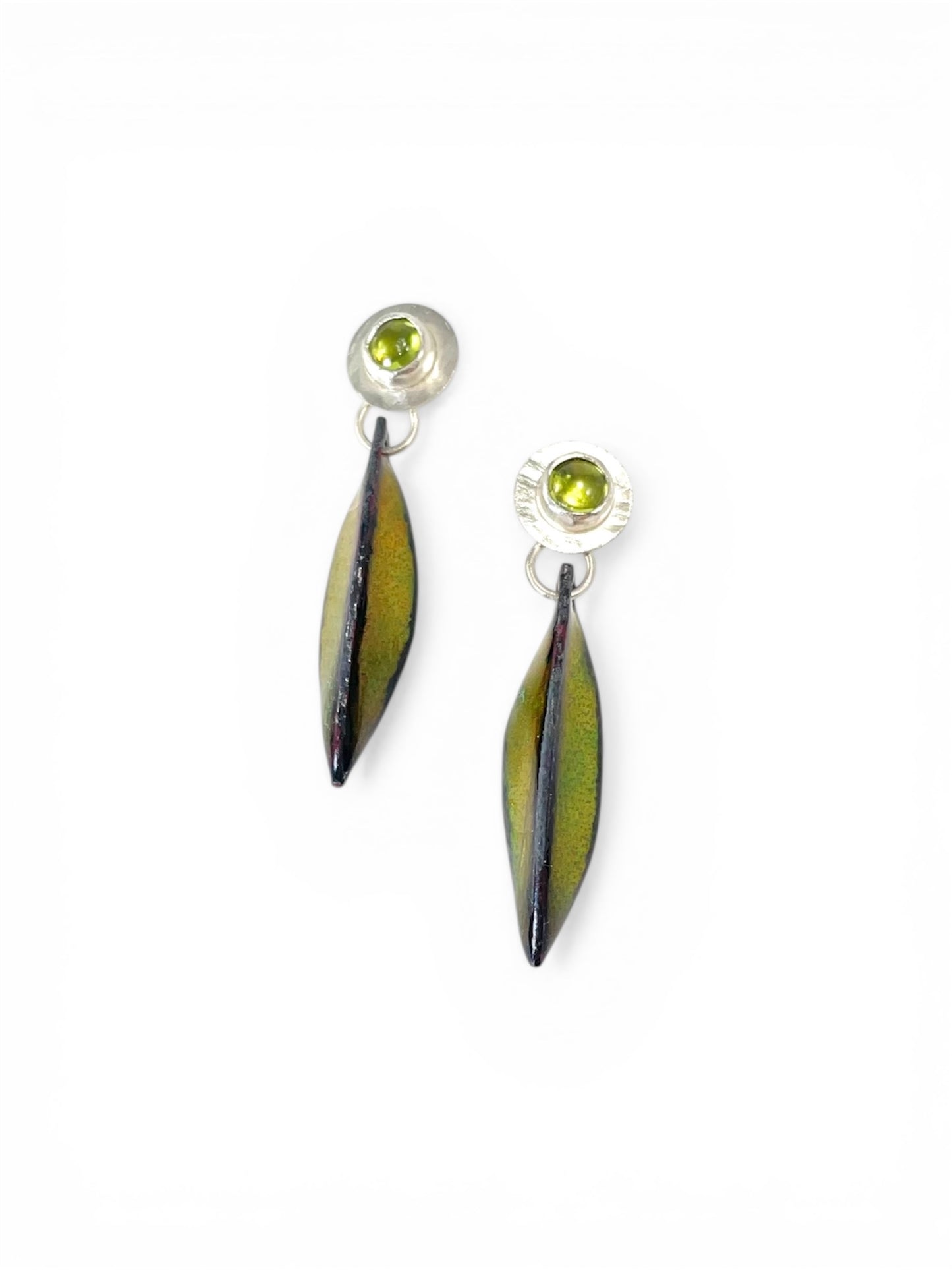 Sterling silver and peridot earrings with green enamel leaf drops