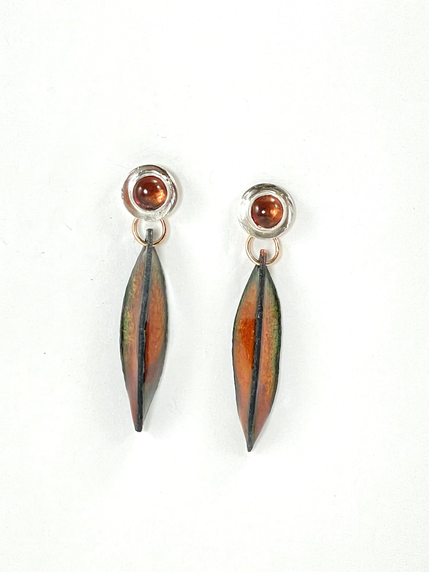 Sterling silver and pink tourmaline earrings with pink/gold enamel leaf drops