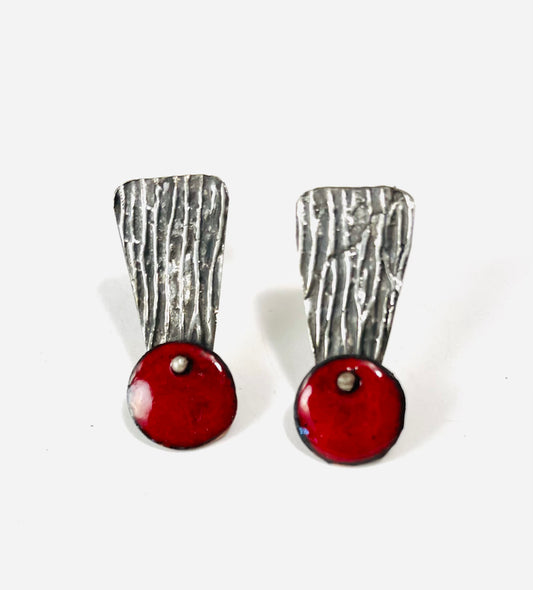Textured sterling silver and red disc earrings
