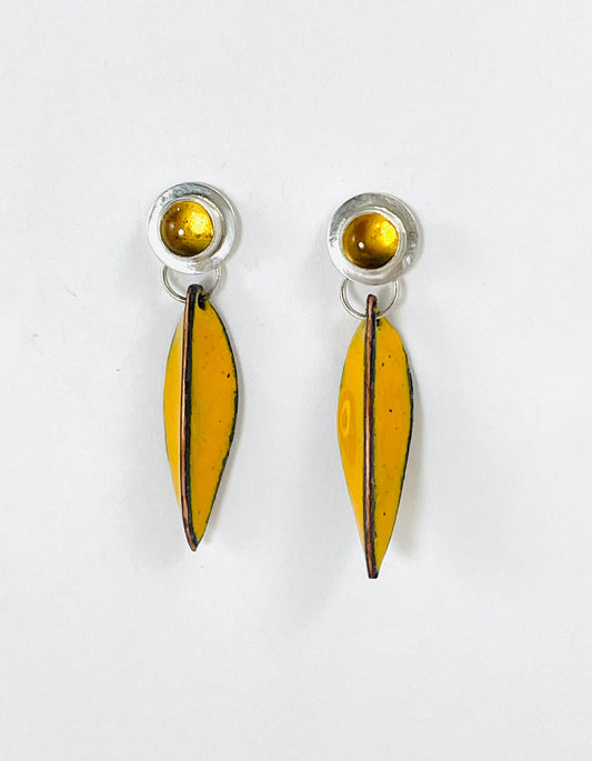 Sterling silver, citrine and yellow enamel leaf earrings