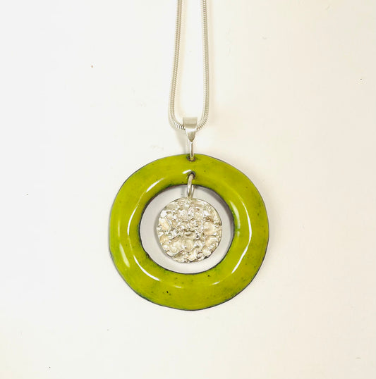 Green enamel and sterling silver donut pendant