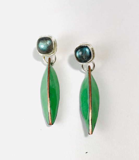 Sterling silver, labradorite earrings with green enamel leaf drops