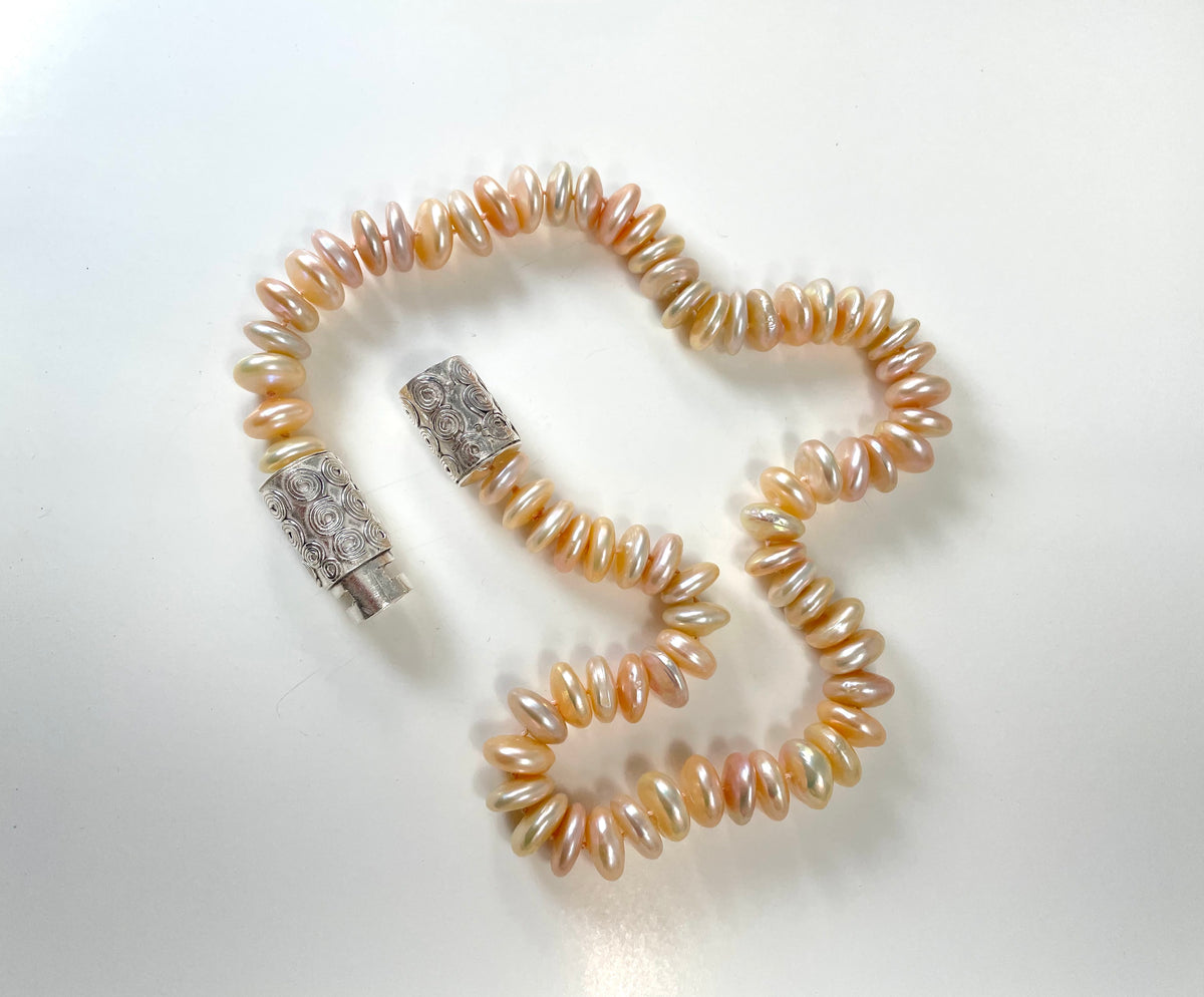Coin pearl necklace with handmade fine silver clasp