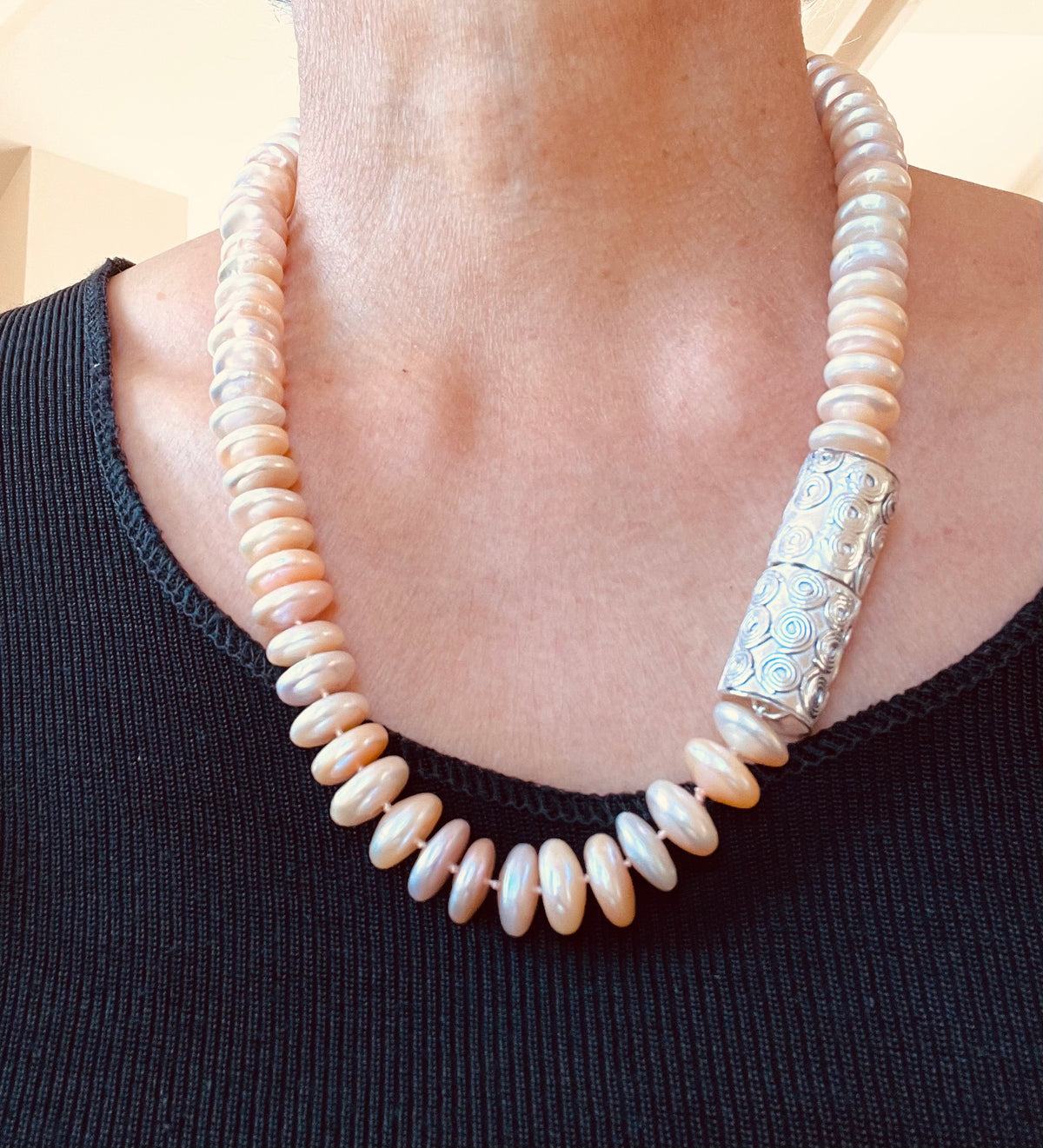 Coin pearl necklace with handmade fine silver clasp