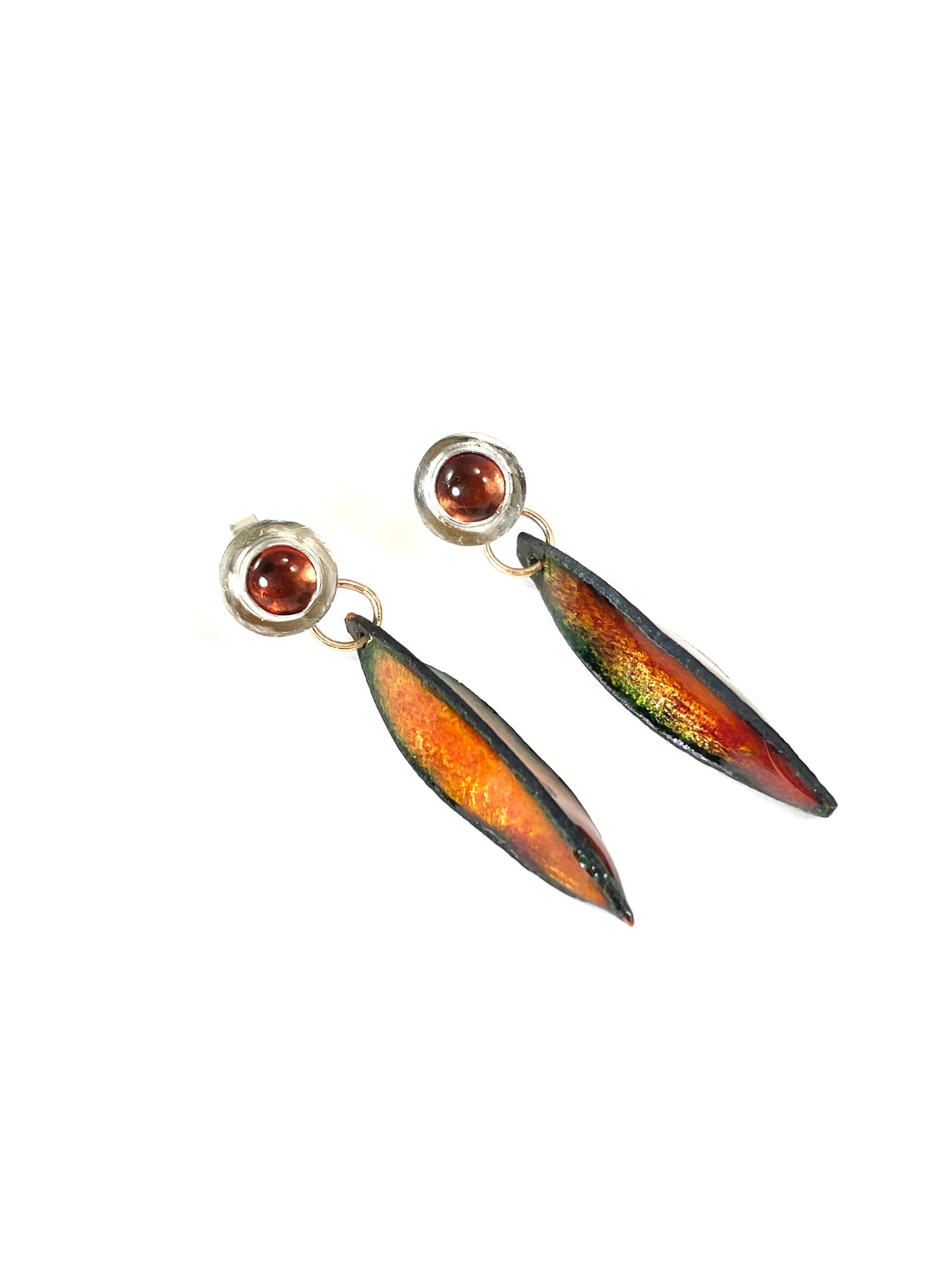 Sterling silver and pink tourmaline earrings with pink/gold enamel leaf drops