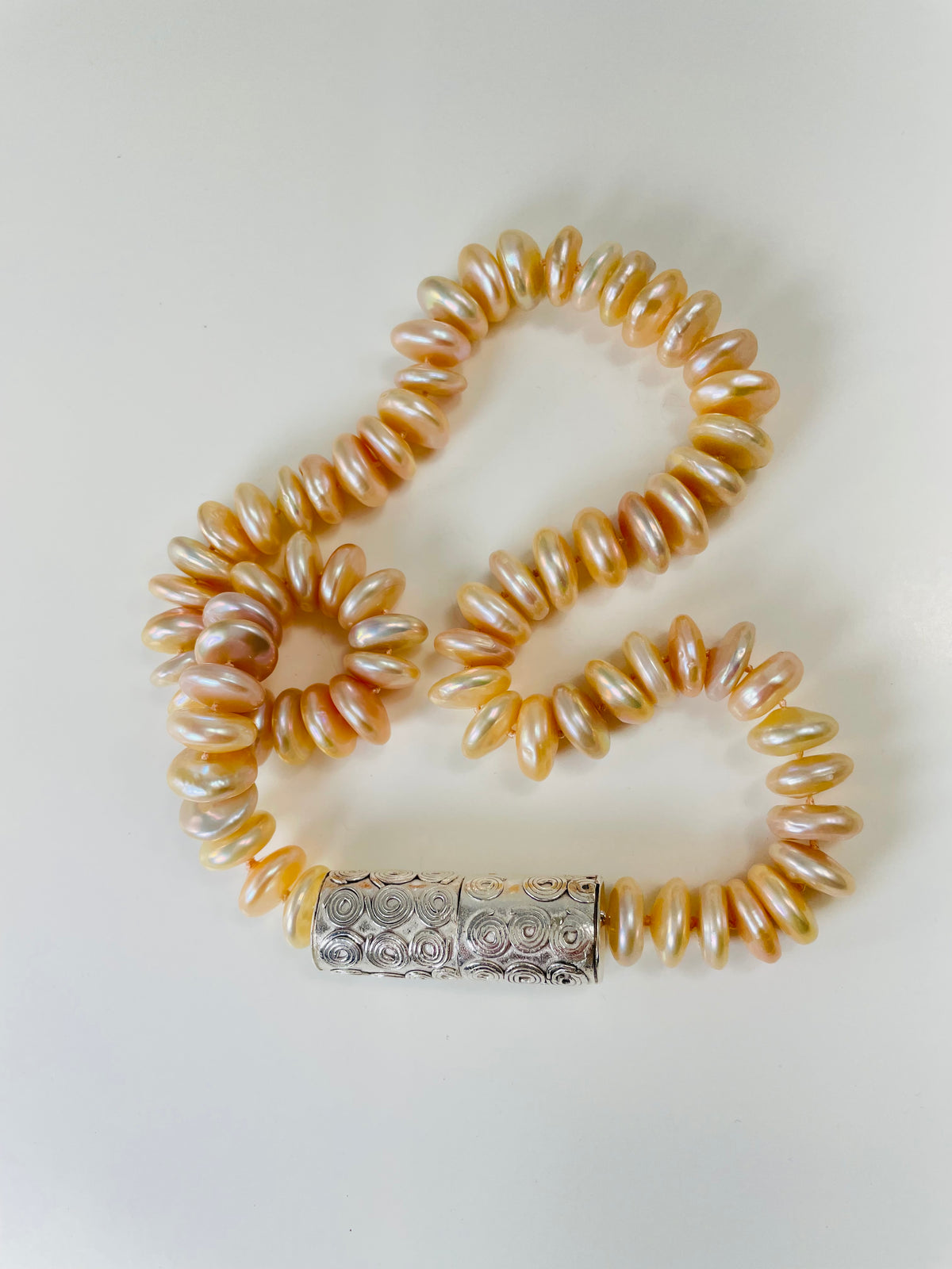 Coin pearl necklace with handmade fine silver clasp